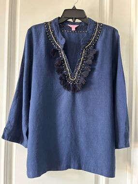 Lilly Pulitzer Navy Beaded Tassel V-Neck Tunic